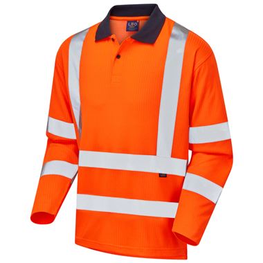 Leo Workwear Swimbridge Orange Comfort EcoViz Long Sleeve Hi Vis Polo Shirt  
