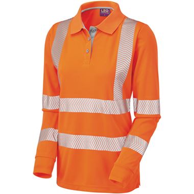 Leo Workwear Pollyfield Orange EcoViz Coolviz Ultra Women's Long Sleeve Hi Vis Polo Shirt