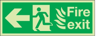 fire exit flames man arrow left 