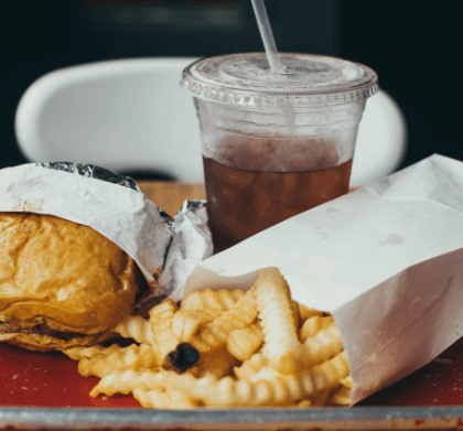 Fast food in paper and plastic wrappings