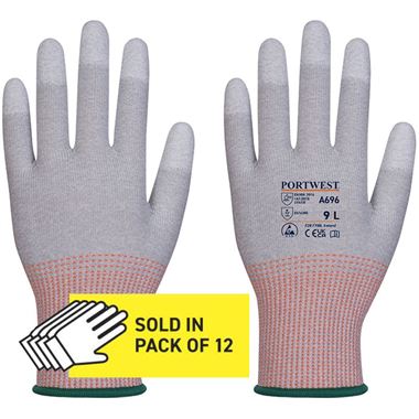 Portwest A696 LR13 ESD Antistatic Cut B PU Fingertip Gloves - 13 gauge (Pack of 12)