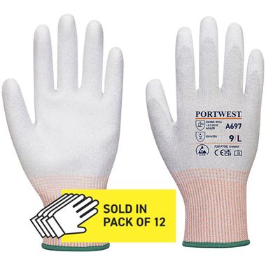 Portwest A697 LR13 ESD Antistatic Cut B Gloves with PU Palm Coating - 13 gauge (Pack of 12)