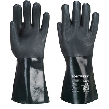Portwest A835 Double Dipped PVC Chemical Resistant Gauntlet Gloves 35cm with Sandy Palm Finish