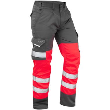 Leo Workwear Bideford Red EcoViz Two Tone Polycotton Hi Vis Cargo Trouser