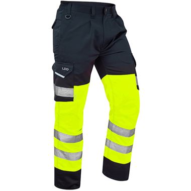 Leo Workwear Bideford Yellow EcoViz Two Tone Polycotton Hi Vis Cargo Trouser