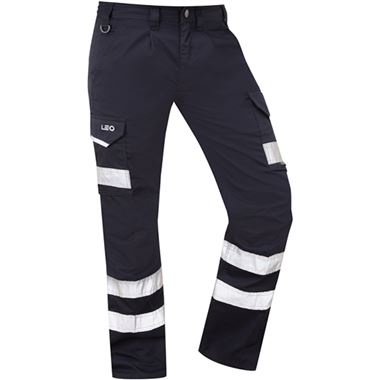 Leo Workwear Ilfracombe Navy EcoViz Poly/Cotton Hi Vis Cargo Trousers