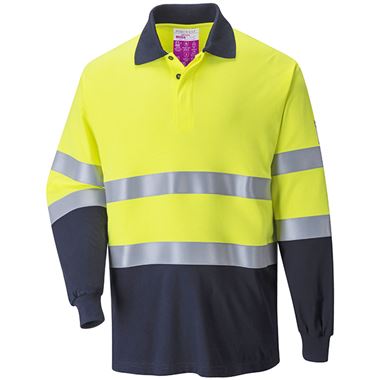 Portwest FR74 Yellow/Navy Modaflame Knit Two Tone Inherent Flame Resistant Anti Static Arc Hi Vis Long Sleeve Polo Shirt