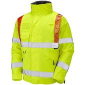Leo Workwear Portmore Yellow Waterproof Quilt Lined Orange Brace Superior Hi Vis Bomber Jacket