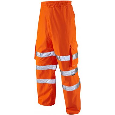 Leo Workwear Instow Orange LTEC 10K Waterproof Breathable Hi Vis Cargo Trouser