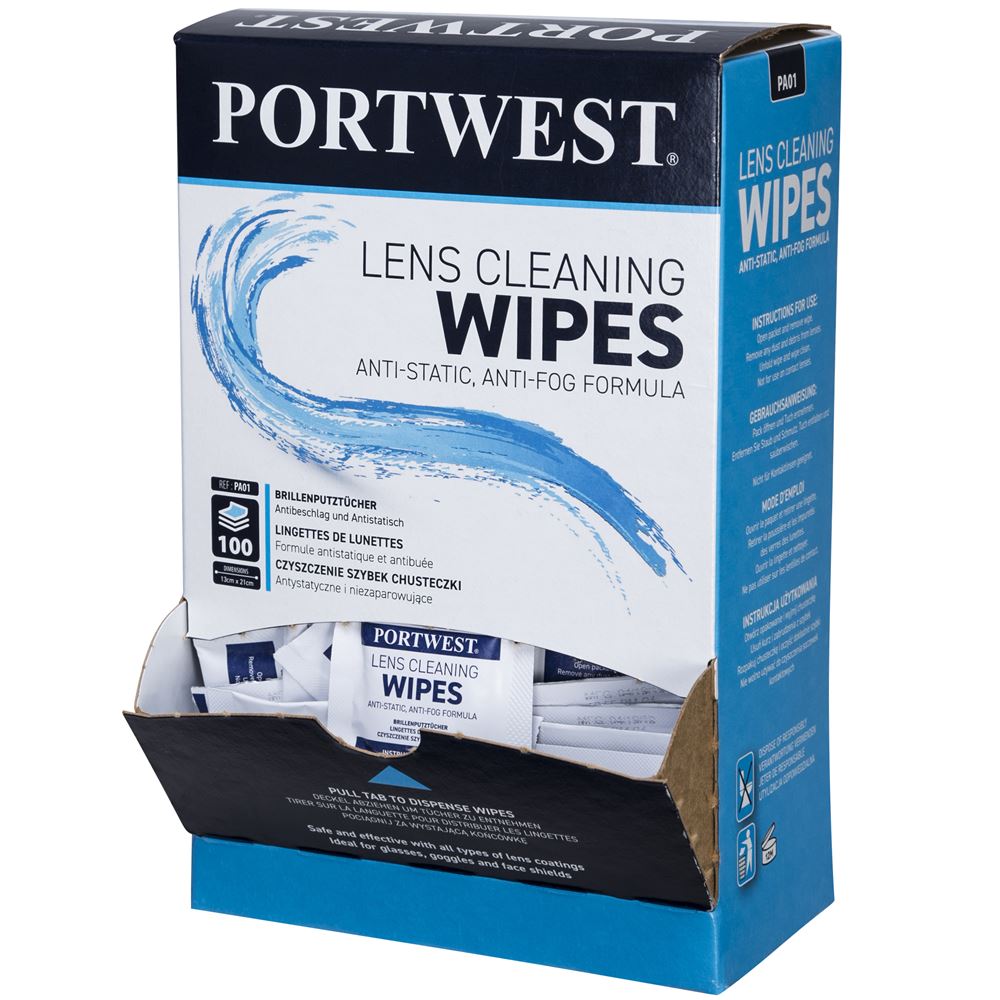 Portwest PA01 Lens Cleaning Wipes - 100 Individually Packaged in Dispenser Box
