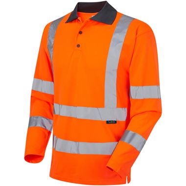 Leo Workwear Woolsery Orange Coolviz EcoViz Long Sleeve Hi Vis Polo Shirt  