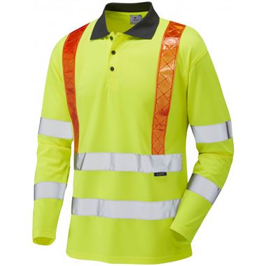 Leo Workwear Bickleton Yellow Comfort EcoViz Long Sleeve Orange Brace Hi Vis Polo Shirt