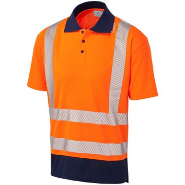Leo Workwear Mortehoe Rail Orange/Navy EcoViz Performance Dual Colour Hi Vis Polo Shirt