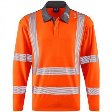 Leo Workwear Georgeham Orange EcoViz Coolmax Performance+ Long Sleeve Hi Vis Polo Shirt