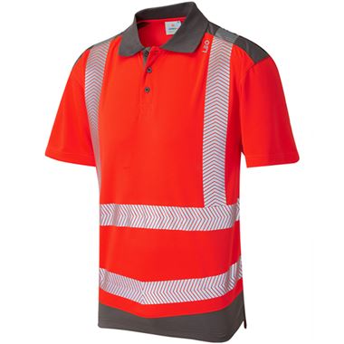 Leo Workwear Peppercombe Red/Grey EcoViz Performance Dual Colour Hi Vis Polo Shirt