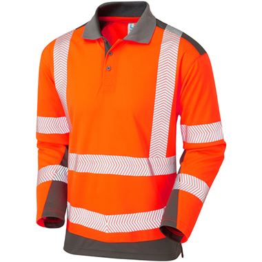 Leo Workwear Wringcliff Rail Orange EcoViz Performance Dual Colour Hi Vis Long Sleeved Polo Shirt