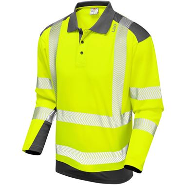 Leo Workwear Wringcliff Yellow EcoViz Performance Dual Colour Hi Vis Long Sleeved Polo Shirt