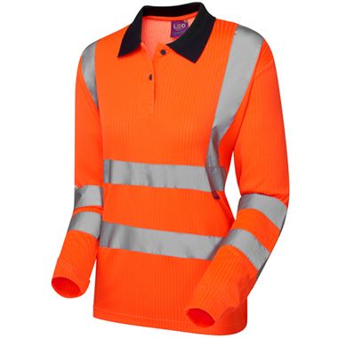 Leo Workwear Beaford Rail Orange EcoViz Comfort Womens Hi Vis Long Sleeved Polo Shirt
