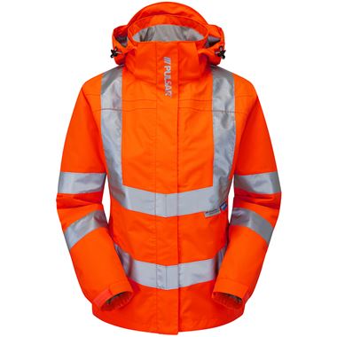 Pulsar PR705-R Rail Orange GRS Recycled Women's Mesh Lined Waterproof Hi Vis Storm Jacket