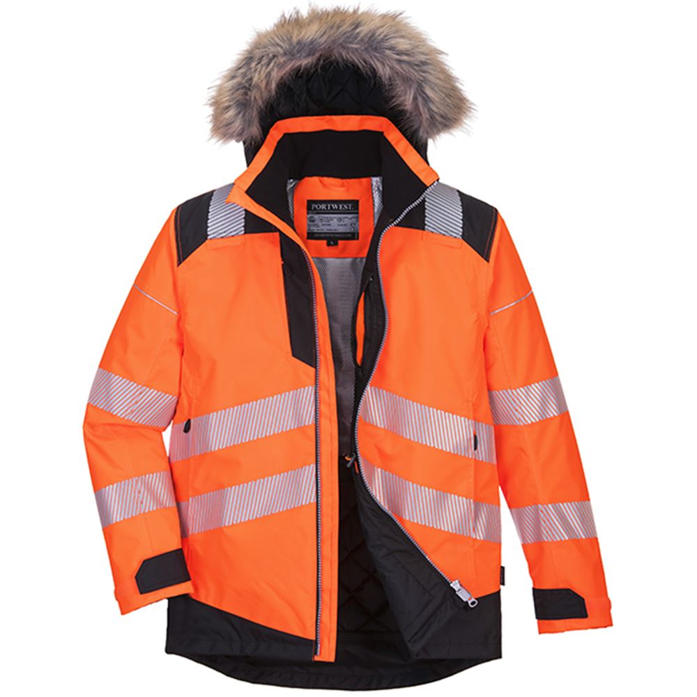 Portwest PW369 PW3 Orange Padded Waterproof Hi Vis Parka Jacket