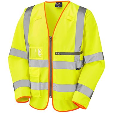 Leo Workwear Heddon Yellow EcoViz Superior Tablet Pocket Long Sleeved Hi Vis Vest
