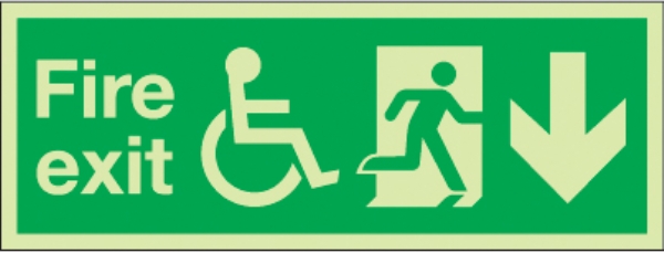 fire exit arrow down running man wheelchair 
