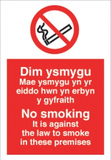 No Smoking welsh against law except designated 