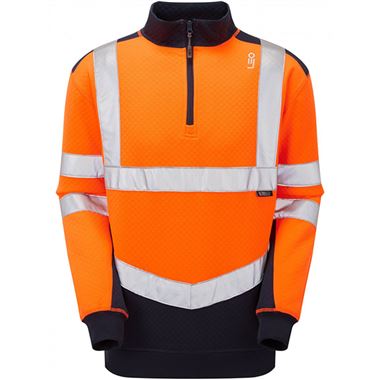 Leo Workwear Tapeley Orange/Navy EcoViz Polycotton 1/4 Zip Hi Vis Sweatshirt