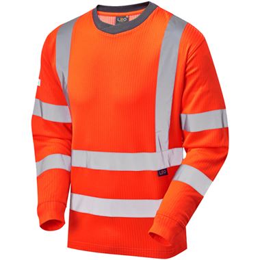 Leo Workwear Riverton Rail Orange Leo EcoViz Comfort Hi Vis Long Sleeved T-Shirt