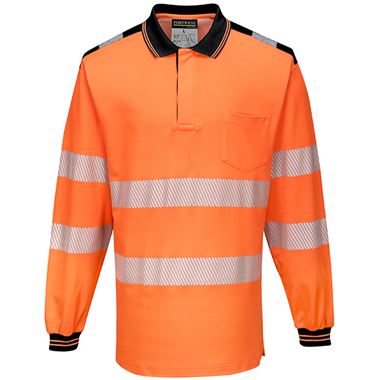 Portwest T184 Orange/Black PW3 Long Sleeve Hi Vis Polo Shirt