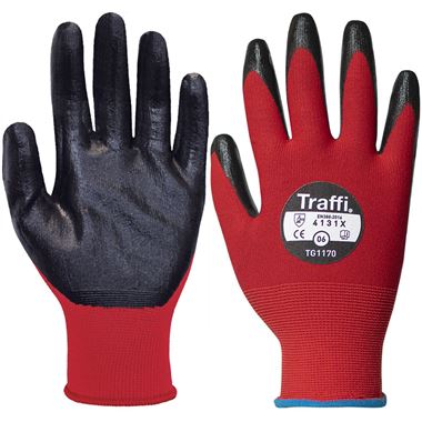 TraffiGlove TG1170 X-Dura Flat Nitrile Palm Coated Red Gloves - 15g Cut Level 1