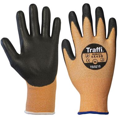 TraffiGlove TG3210 X-Dura Metric Cut B PU Palm Coated Amber Gloves - 13g