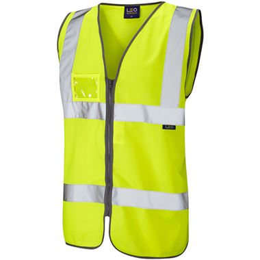 Leo Workwear Rumsam Yellow Zip Front ID Pocket Hi Vis Vest