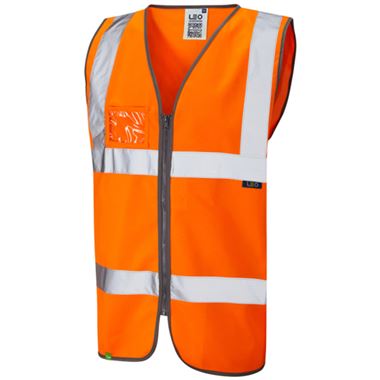 Leo Workwear Rumsam Orange EcoViz Zip Front ID Pocket Hi Vis Vest