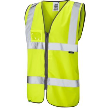 Leo Workwear Rumsam Yellow EcoViz Zip Front ID Pocket Hi Vis Vest