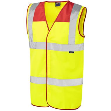Leo Workwear Bradworthy Yellow EcoViz Mesh Hi Vis Vest with Red Yoke