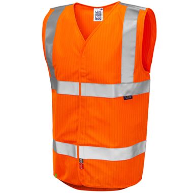 Leo Workwear Clifton Rail Orange EcoViz Limited Fire Spread & Anti Static Hi Vis Vest