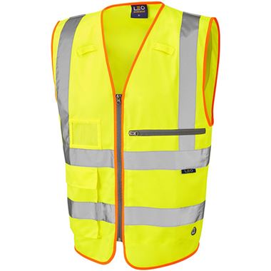 Leo Workwear Foreland Yellow Zipped Superior Hi Vis Vest with Tablet Pocket