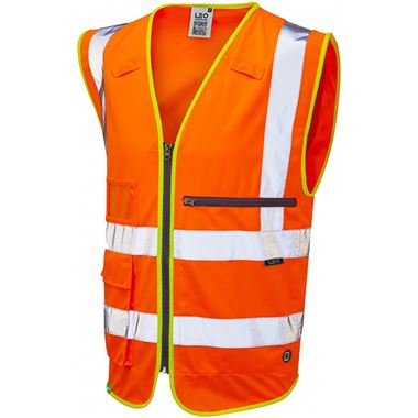 Leo Workwear Foreland Orange EcoViz Zipped Superior Hi Vis Vest with Tablet Pocket 
