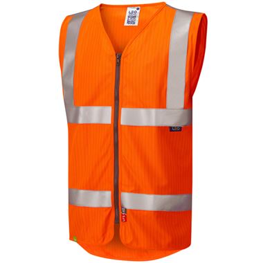 Leo Workwear Jacobstowe Rail Orange EcoViz Limited Fire Spread & Anti Static Zipped Hi Vis Vest