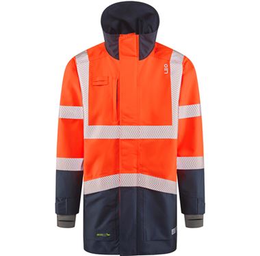Leo Workwear Clovelly Orange/Navy EcoViz 15K Performance+ Waterproof Breathable Executive Hi Vis Jacket