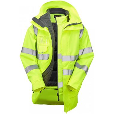 Leo Workwear Yellow EcoViz Waterproof Breathable 3-in-1 Hi Vis Clovelly Jacket with Torrington Bodywarmer