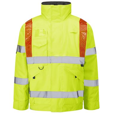 Leo Workwear Portmore Yellow EcoViz 4K Waterproof Baffle Lined Orange Brace Superior Hi Vis Bomber Jacket