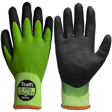 TraffiGlove TG5570 X-DURA Cut F Nitrile/Latex Palm Coated Thermal Water Resistant Green Gloves - 10g